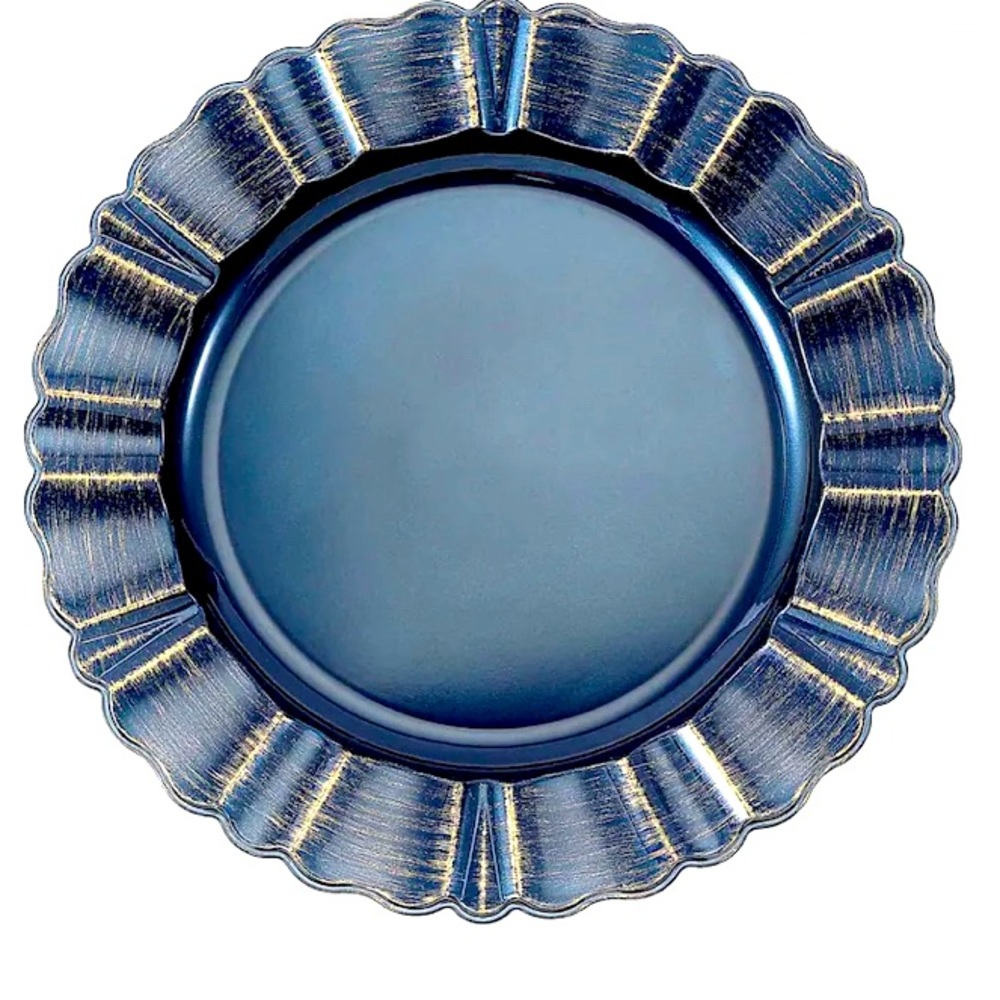 12 total - 13 inch Navy Blue/Gold Plastic Charger Plates w/ Waved Scalloped Rim